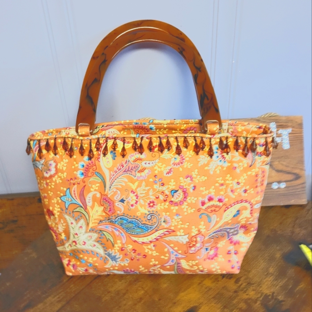 Vintage Talbots Orange Paisley handbag ,beaded ,tortoise Handles - Picture 1 of 11